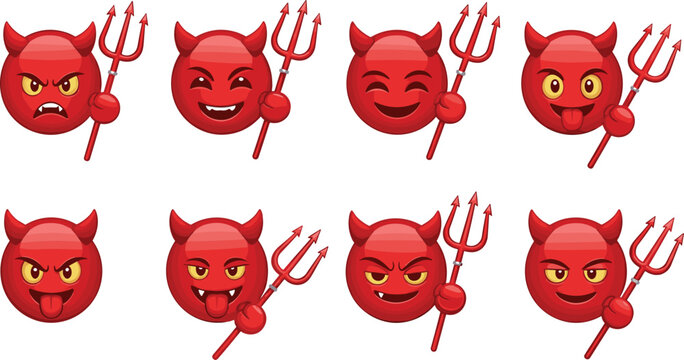 Set of Cartoon Devil Emoticons with Different Expressions and Tridents for Fantasy, Halloween, and Mischievous Themes