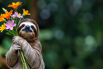 Obraz premium 花束を手に持つナマケモノ | A sloth holding a bouquet of flowers Generative AI