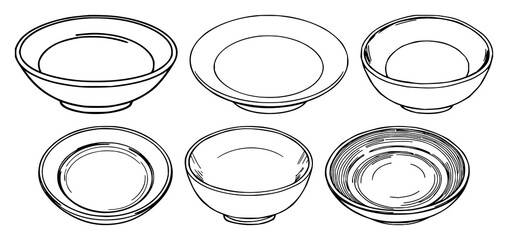 Ceramic plate set with black line art on white background featuring ceramic, plate, design with illustration and vector graphics © MstSupti