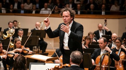 Fototapeta premium Dynamic Conductor Leading Orchestra with Passionate Performance