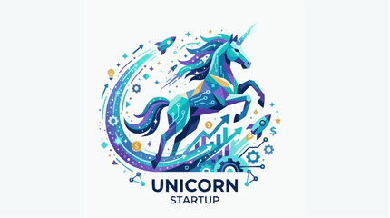 Obraz premium A vibrant illustration of a unicorn leaping dynamically, representing a successful startup business, surrounded by symbols of growth and innovation. 