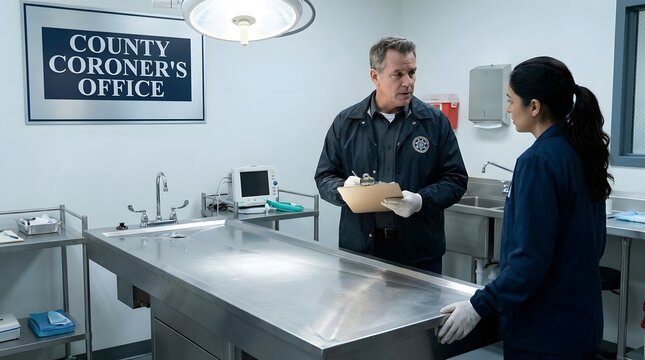County Coroner's Office Interior with Medical Professionals Interacting