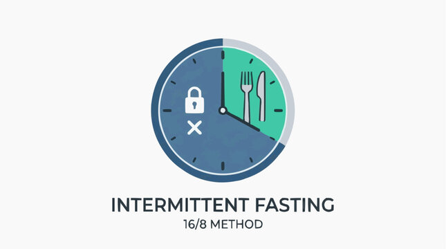 An illustrative representation of intermittent fasting, utilizing a clock graphic to visualize the 16/8 method, emphasizing periods of eating and abstaining from food.