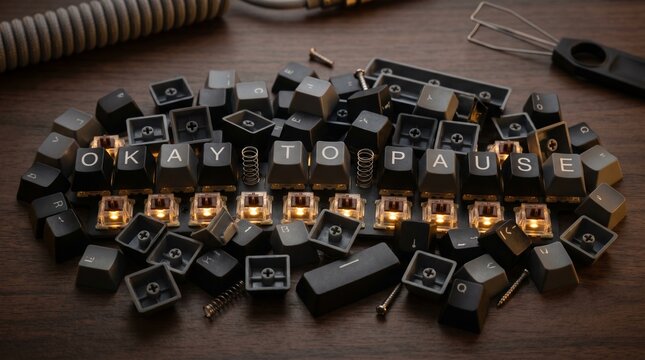Close-up of glowing mechanical keyboard switches arranged to spell 'Okay to Pause', surrounded by dark keycaps and tools on a rustic wooden backdrop, symbolizing a mindful digital break
