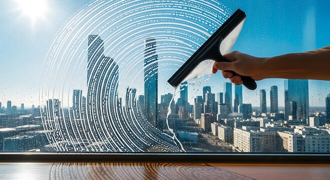 Window cleaning tool wipes soapy glass overlooking a sunny urban skyline with skyscrapers. Sharp focus on the squeegee motion. Ideal for commercial janitorial and facility maintenance marketing.