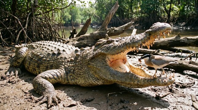 Powerful saltwater crocodile with jaws agape, a small bird fearlessly approaches on a muddy riverbank in the wild