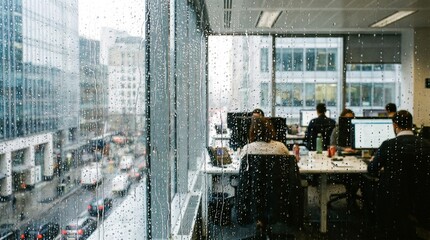 Obraz premium Modern Office Interior With View Of City Street Through Rainy Window
