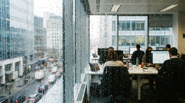 Modern Office Interior With View Of City Street Through Rainy Window