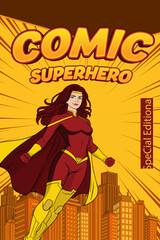 Obraz premium Yellow superhero comic cover template background.