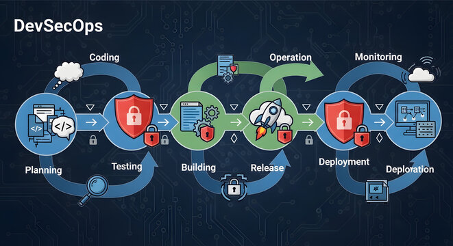 DevSecOps conceptual framework for secure software development lifecycle pipeline featuring automated security integration during planning coding building and testing phases of engineering