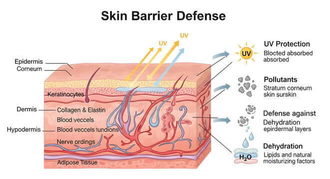 Detailed medical educational illustration displaying anatomical skin structure showing epidermis dermis and hypodermis layers with protective cellular barrier defense for dermatological science.