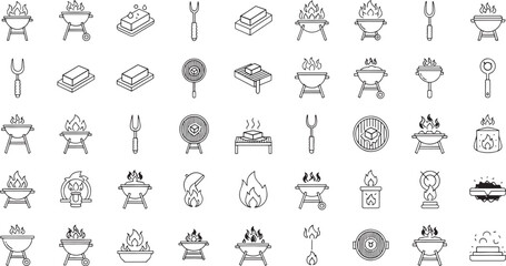 Fototapeta premium Collection of black and white line representing barbecues grills and grilling accessories