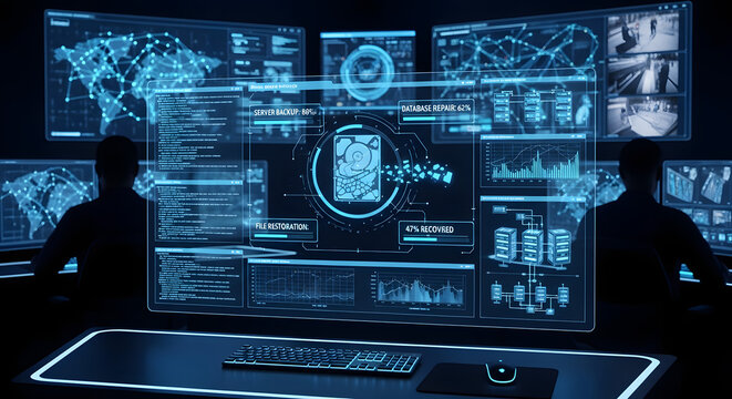 Digital screen interface displaying a complex data recovery operation including server backup retrieval database system repair and detailed file restoration percentage progress bar.