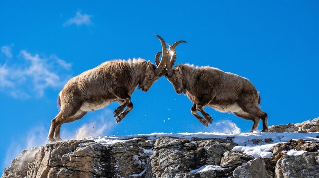 Two powerful ibex rams lock horns in an intense confrontation on a rugged mountain peak under a vibrant blue sky