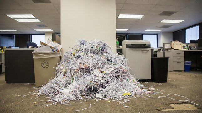 Extensive collection of shredded documents overflowing onto an office floor, signifying robust data security and waste management