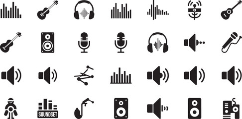 Fototapeta premium Collection of black music and sound on white background sound wave equalizer guitar headphones microphone