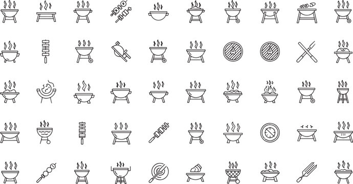Collection of black outline barbecue grill on white background