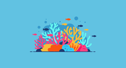 Colorful Coral Reef with Small Fish Swimming Underwater - Flat Design © Azrha