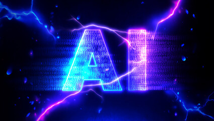 Fototapeta premium Futuristic glowing artificial intelligence text with digital binary code and electric energy effects
