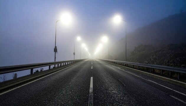 A solitary stretch of asphalt road illuminated by guiding streetlights, disappearing into a dense, atmospheric fog, evoking a profound sense of mystery and an unknown journey ahead