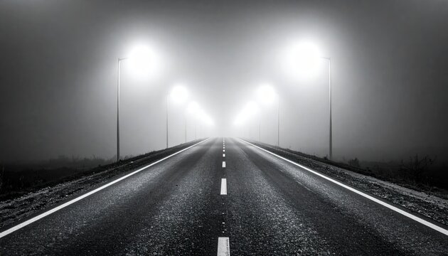 A desolate highway stretches into a dense, atmospheric fog at night, illuminated by a tunnel of streetlights, evoking a sense of mystery and an uncertain journey ahead