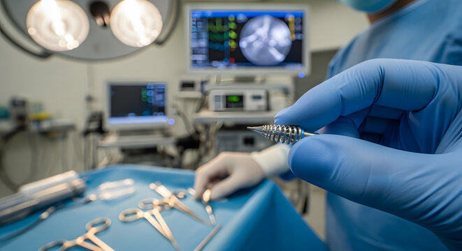 Close-up of a coronary stent medical implant device held by a professional in a surgical setting for cardiovascular interventional care and heart disease treatment procedure.