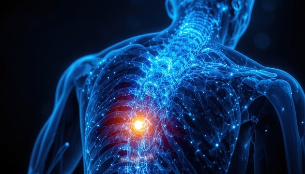 Lower Back Pain Radiating Through Human Body Anatomy, Lumbar Spine Injury, Medical Condition Illustration