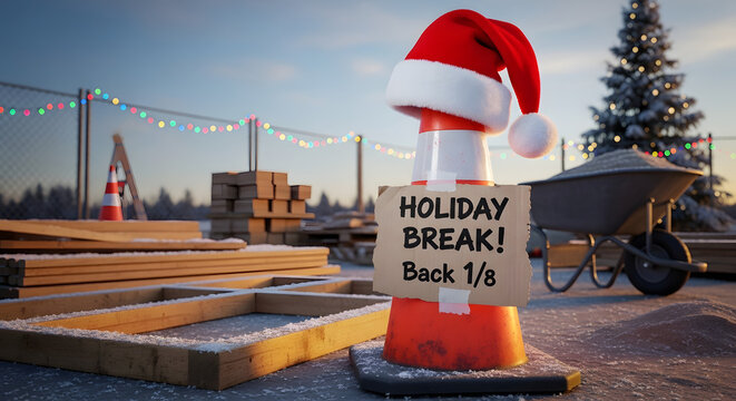 Festive seasonal construction site delay featuring an orange safety pylon adorned with a red Santa Claus hat holding a cardboard message board for holiday closure notification concept.