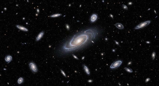 A stunning galaxy cluster filled with numerous spiral galaxies and stars is visible in the vastness of space.
