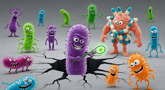 Microscopic cartoon bacteria escaping through the cracked shell of a medicinal antibiotic capsule illustrating drug resistance and genetic mutation within a clinical laboratory setting