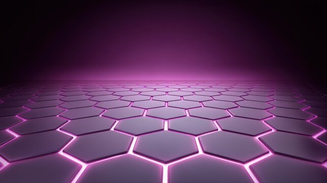 Abstract futuristic hexagonal pattern with glowing neon lights and dark background, ideal for technology and science themes in creative projects