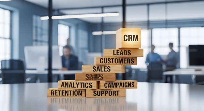 CRM customer relationship management strategy concept featuring wooden blocks representing leads sales analytics marketing campaigns retention and support service data visualization on table