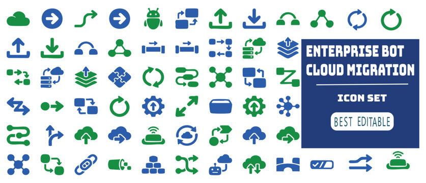 Diverse collection of green and blue technology and business icons representing cloud migration and enterprise solutions.