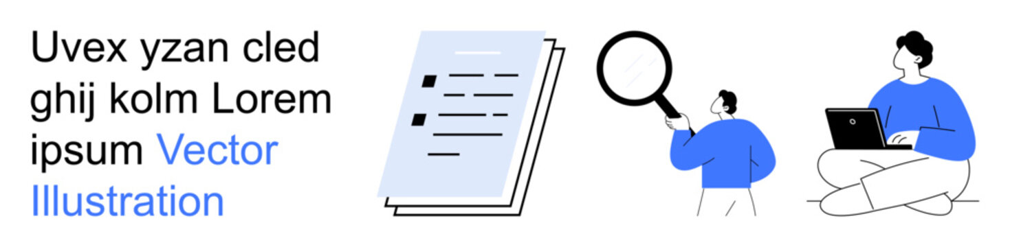 Data analysis, research, education, digital study, online investigation, productivity. a document, person with magnifying glass and laptop user. Data analysis and research concept
