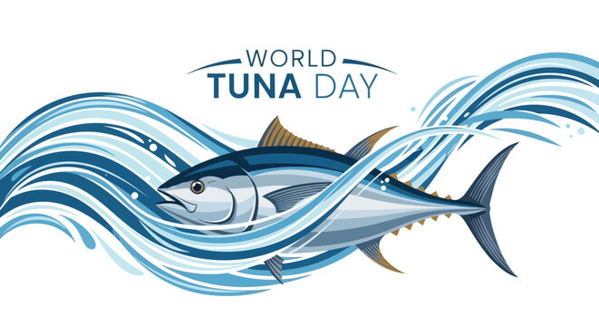 A detailed vector illustration celebrating World Tuna Day, featuring a vibrant tuna fish swimming through stylized blue waves, symbolizing marine conservation, set against a clean white