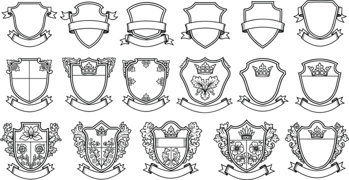 Set of Heraldic Shields and Crest Designs with Blank and Decorative Banners for Emblems, Family Crests, and Coat of Arms