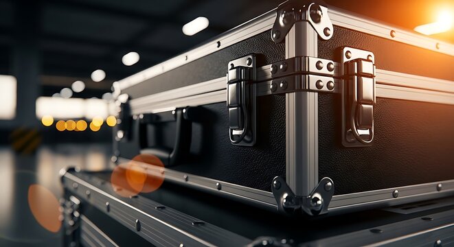 Black aluminum flight cases stacked in a warehouse featuring sharp focus on metal latches and cinematic lens flare. Perfect for event management and shipping service advertisements.