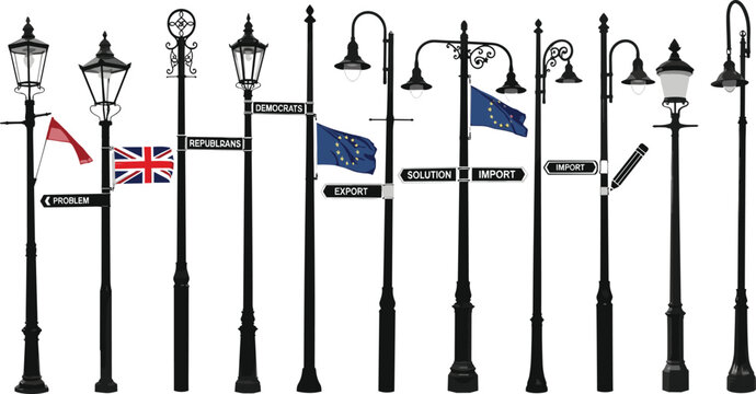 Street Lamp and Flag Vector Set Featuring Different Lamp Post Designs with Political Signs and Directional Indicators for Urban and Civic Illustrations