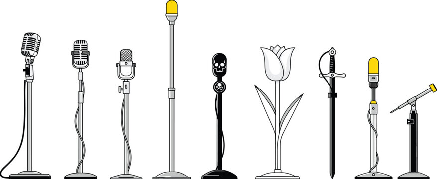 Microphone and Stand Vector Set Featuring Various Microphone Designs, Stands, and Creative Patterns for Music, Broadcast, and Stage Performance Illustrations
