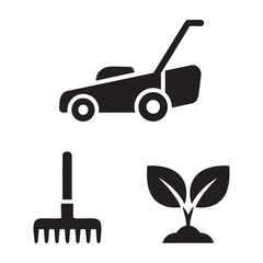Fototapeta premium Garden dad icons with lawnmower and rake set