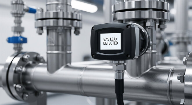 Industrial gas leak detector on steel pipeline, digital sensor with gas leak detected warning, stainless steel pipes in factory