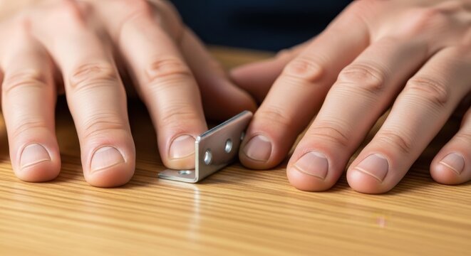 Person cutting nails with clipper on wooden table indoors