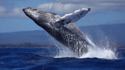 Naklejka premium A majestic humpback whale powerfully breaches the ocean's surface, creating a spectacular display of marine wildlife in its natural habitat.