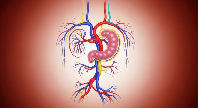 The human digestive system with arteries and veins highlighted in a medical illustration