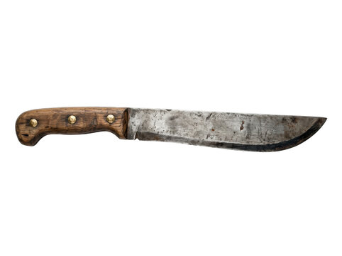 A rusty machete with a wooden handle on a white background