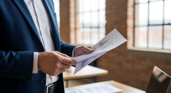 Corporate professional examines paper documents and contract details in a bright office environment. Sharp focus on hands and paperwork with soft bokeh. Ideal for banking or law firm branding.