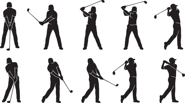 Professional Golf Full Swing Motion Mechanics Silhouette Icon Set.
