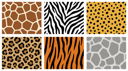 Six distinct animal print vector graphic illustrations showcasing giraffe, zebra, cheetah, leopard, tiger, and abstract stone patterns for design © Ibnu Gazali