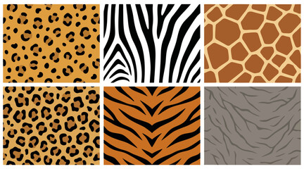 Extensive collection of six distinct seamless vector animal skin patterns and fur textures for various wild nature graphic designs. © Ibnu Gazali