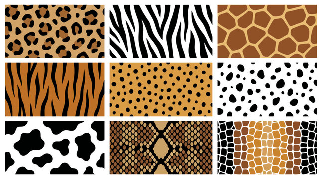 Collection of nine seamless vector graphic animal skin textures featuring leopard spots tiger stripes giraffe and snake scale pattern designs